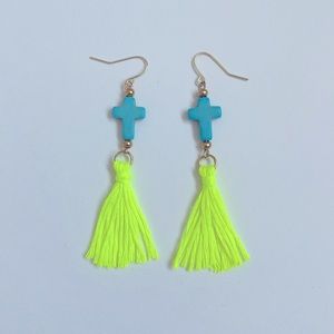 Neon Yellow Turquoise Tassel Earrings